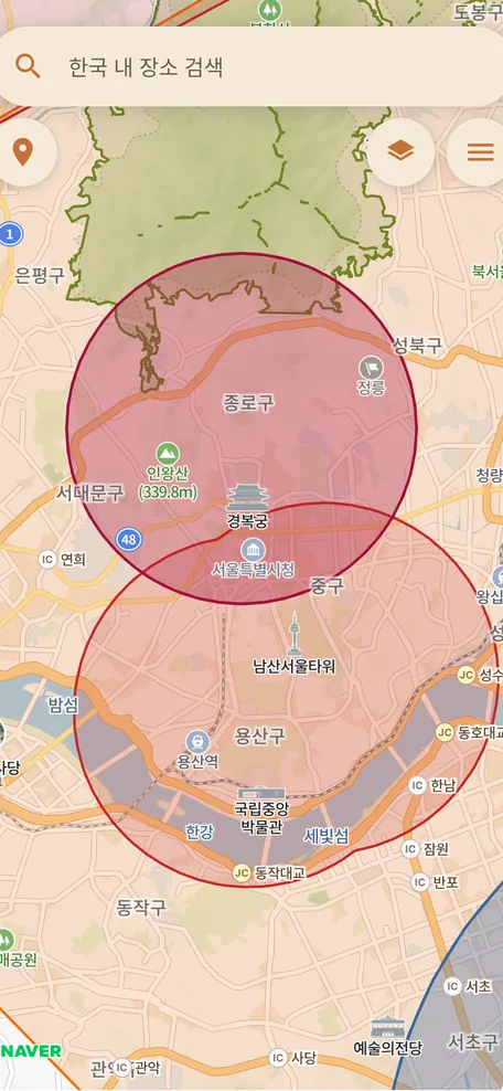 앱 화면: 서울 도심 주변 구역 원이 표시된 지도.